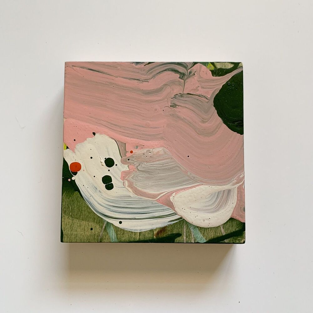 4x4 Original Painting Colorful Abstract Art Signed Pink Green White Small Art